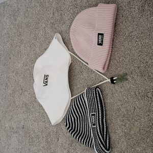 1 white bucket hat s/m, and 2 beanies (pink and black and white stripe) from Van
